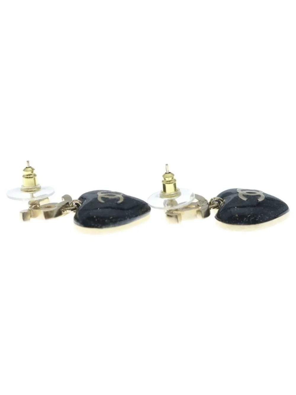 Chanel CC Logo Heart Rhinestone Earrings Gold Black